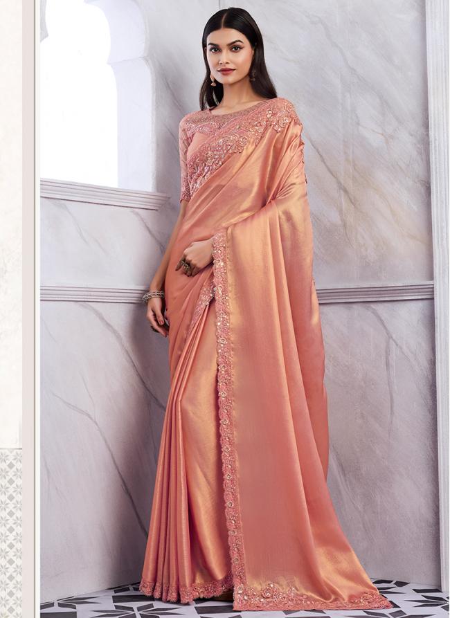 Shimmer Silk Orange Party Wear Embroidery Work Saree